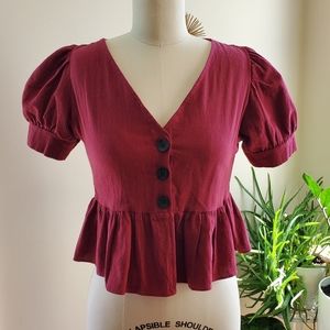 Burgundy Peplum Button Top